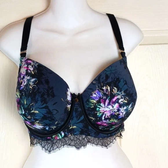 Cacique Lightly Lined Balconette Bra Black Floral and Lace Underwire Sz38F Plus - Picture 2 of 9
